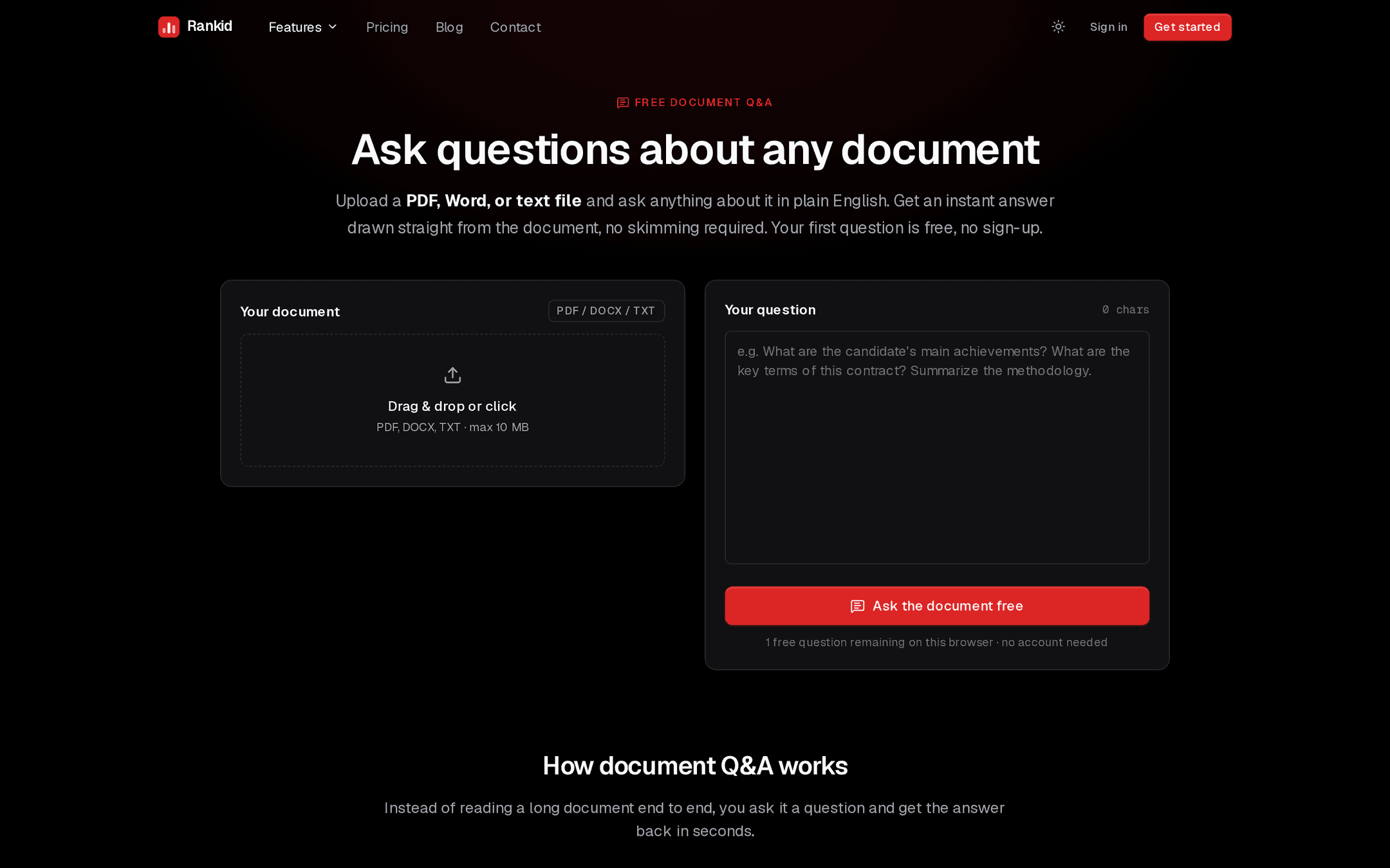 Rankid document question answering: a document upload panel beside a plain-English question field.