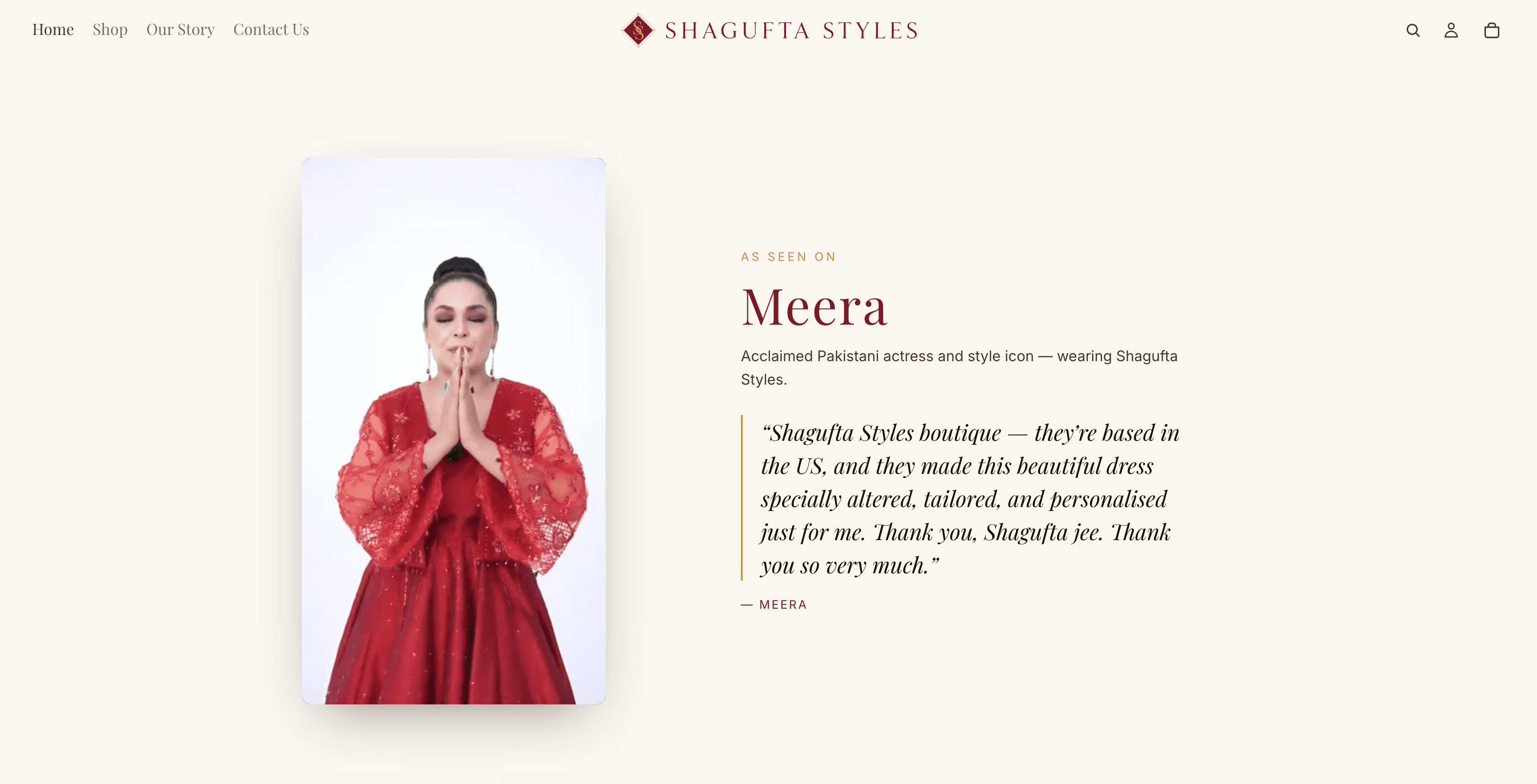 Shagufta Styles storefront section featuring an as-seen-on editorial module with a customer testimonial beside full-height product video.